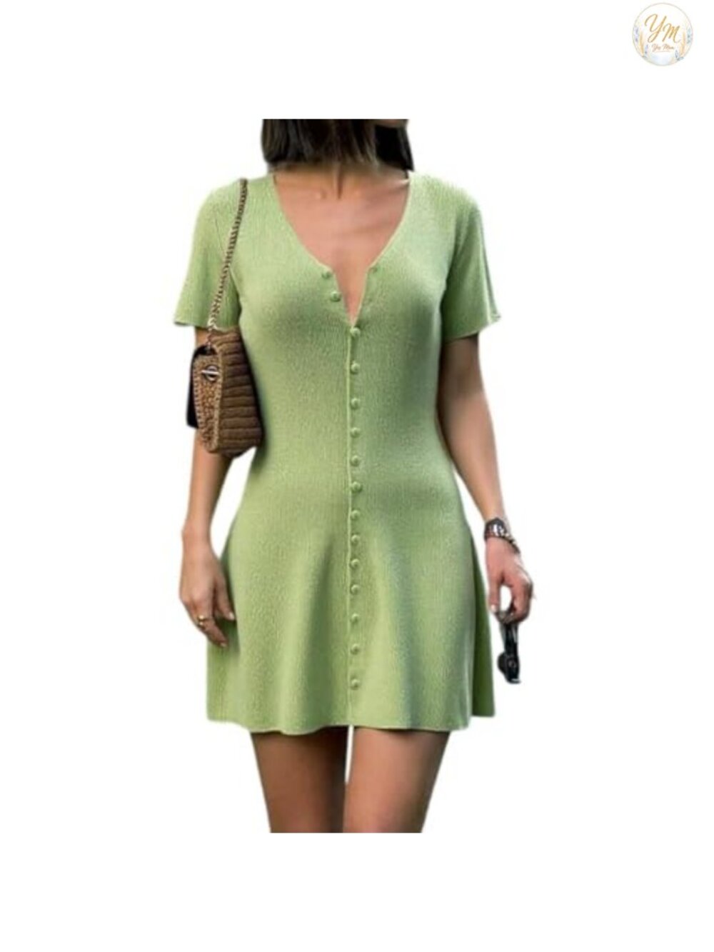 Deep V Neck Button Front Ribbed Knit Mini Dress Short Sleeve A-Line